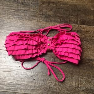 Plunge Ruffled Pink Bikini Top Swim Suit (Medium)